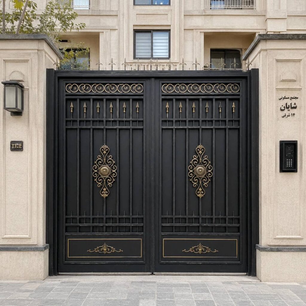 نصب درب ویلایی مشکی طلایی روی ستون مقاوم