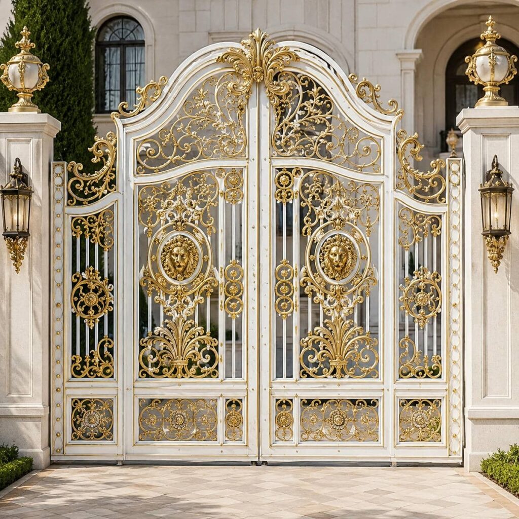 سفارش درب حیاط سفید طلایی با طرح اختصاصی
